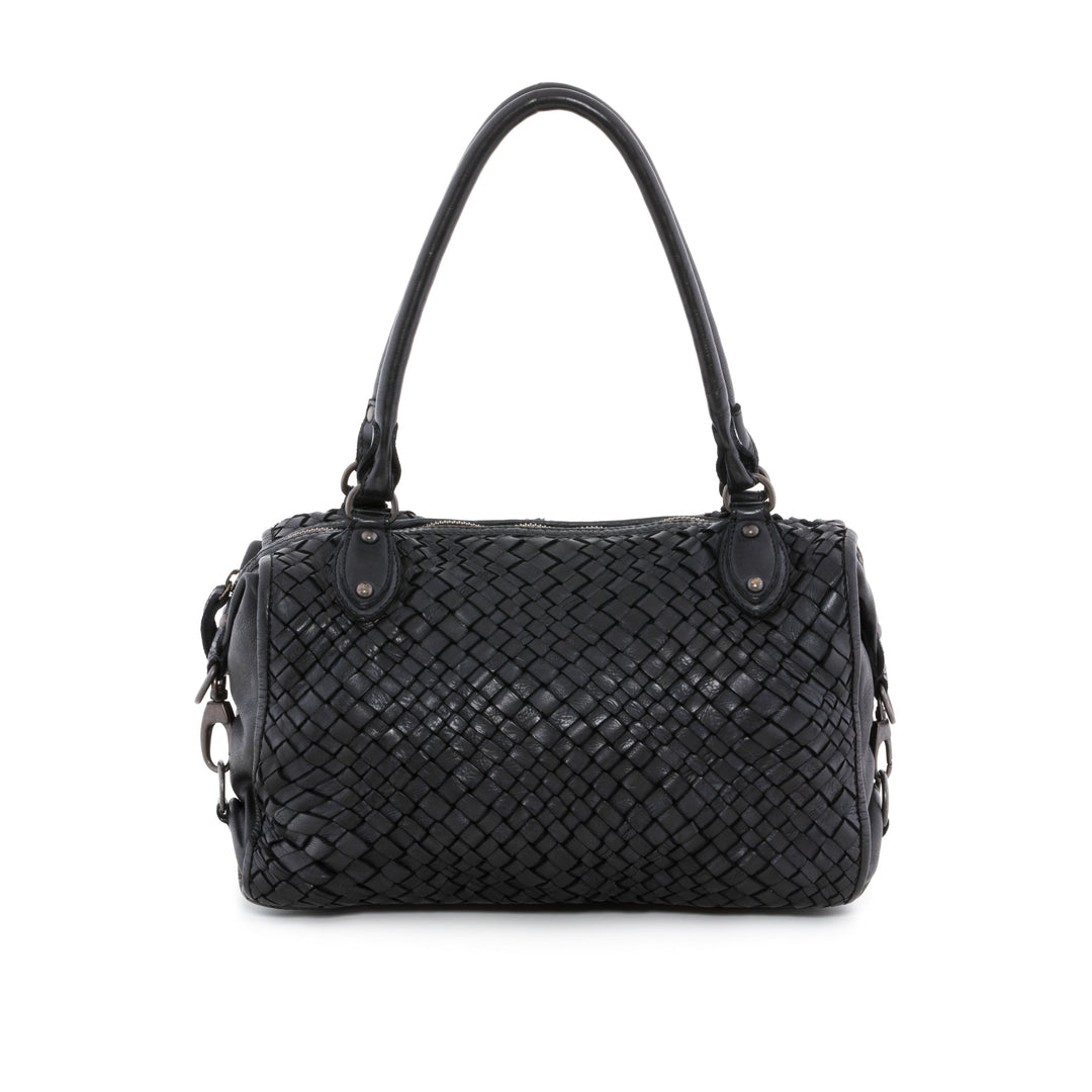 Black woven leather handbag with dual handles