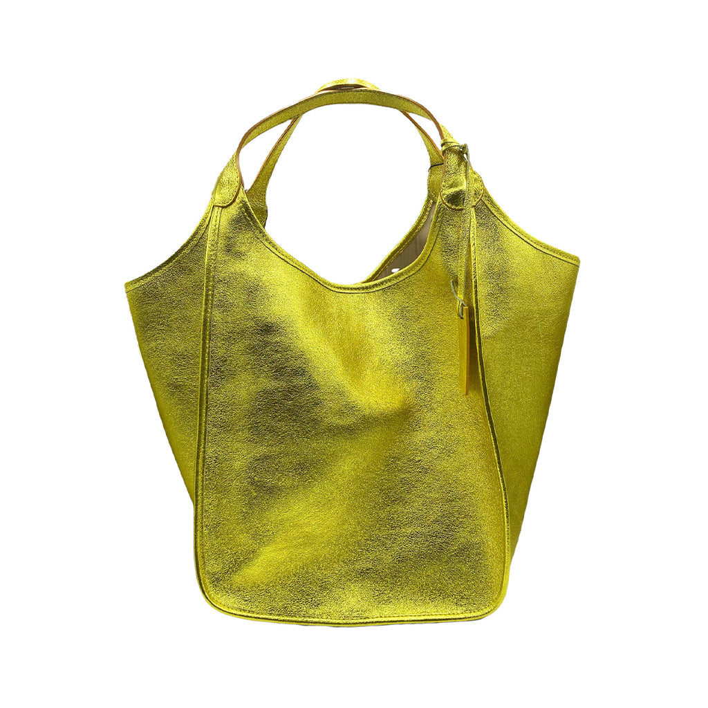 Golden metallic tote bag with double handles and sleek design
