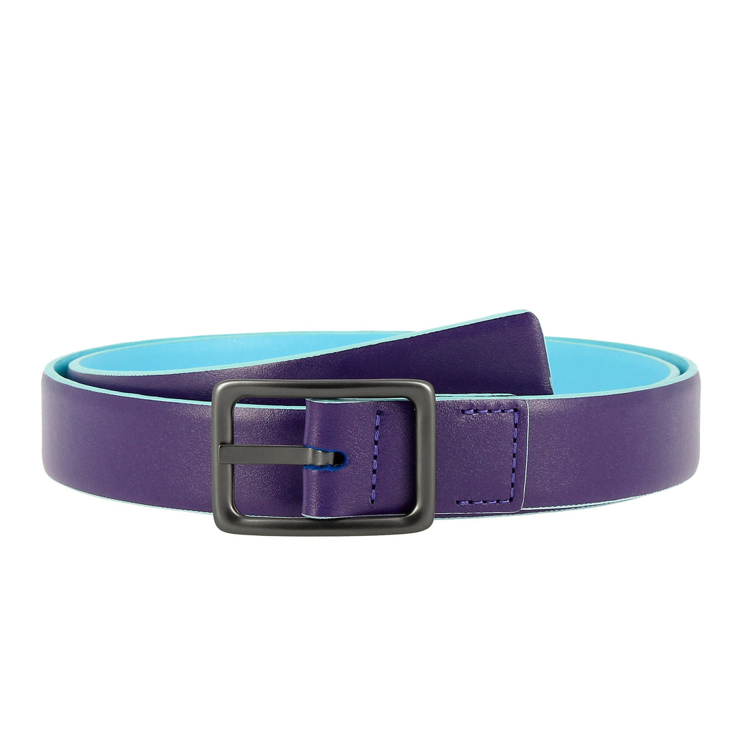 Purple leather belt with black buckle and light blue inner lining