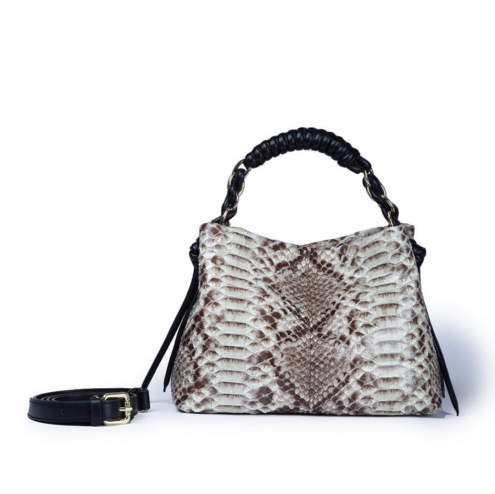 Amina Python small handbag with leather trim wrapped tubular handle and detachable shoulder strap