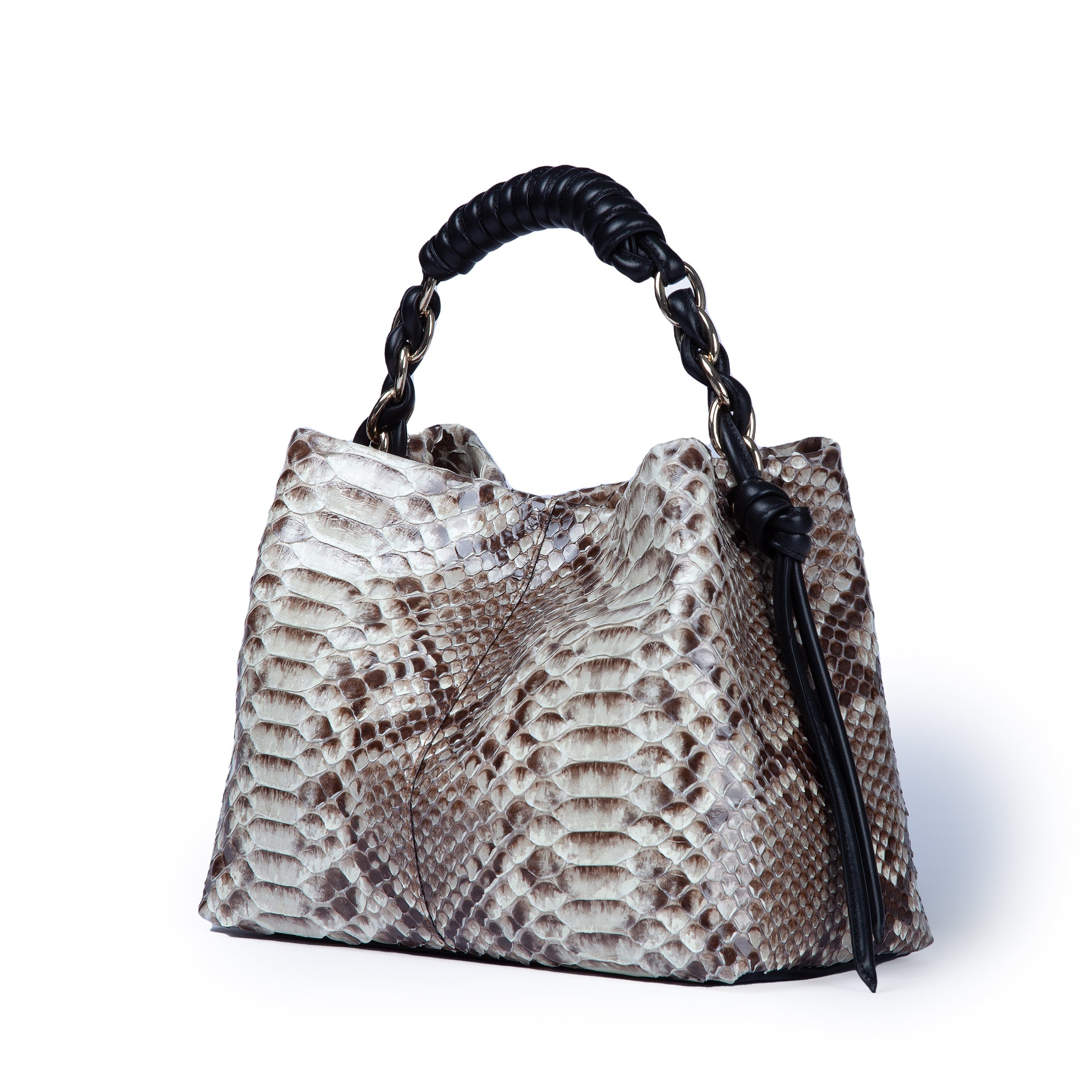 Amina Python small handbag with leather trim wrapped tubular handle and detachable shoulder strap