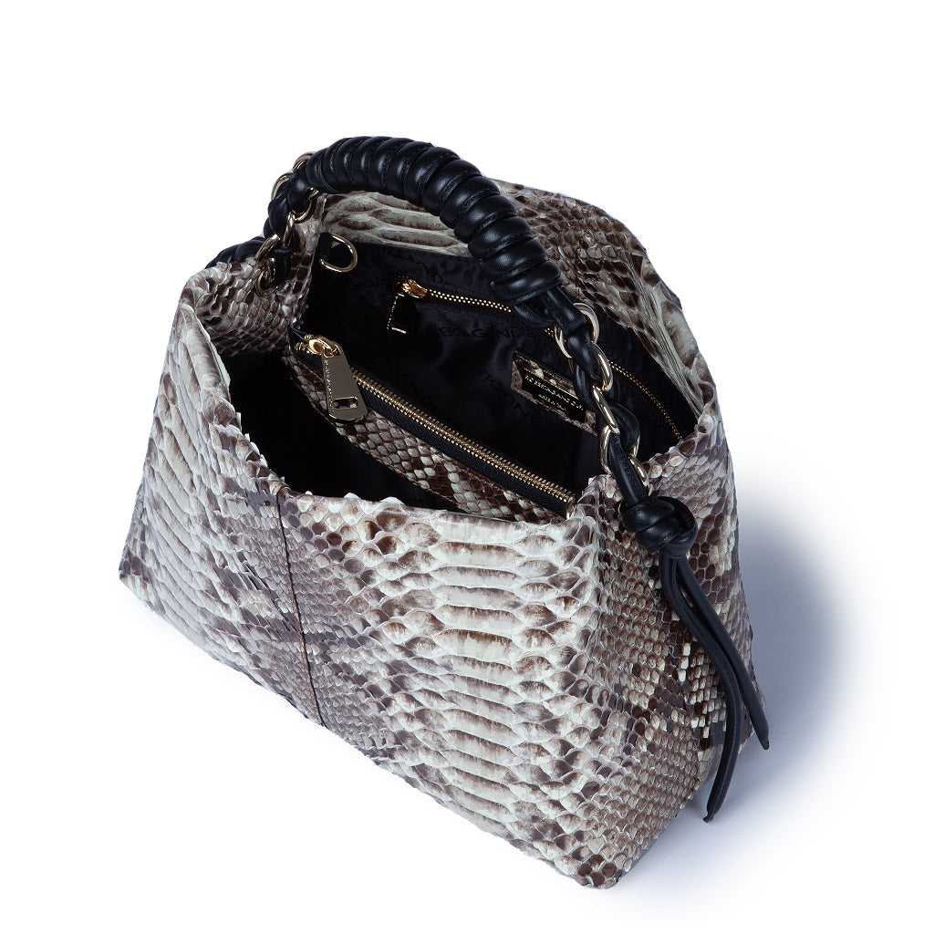 Amina Python small handbag with leather trim wrapped tubular handle and detachable shoulder strap