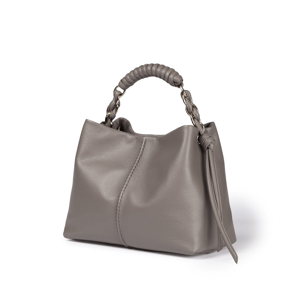 Amina small leather handbag with wrapped tubular handle and detachable shoulder strap