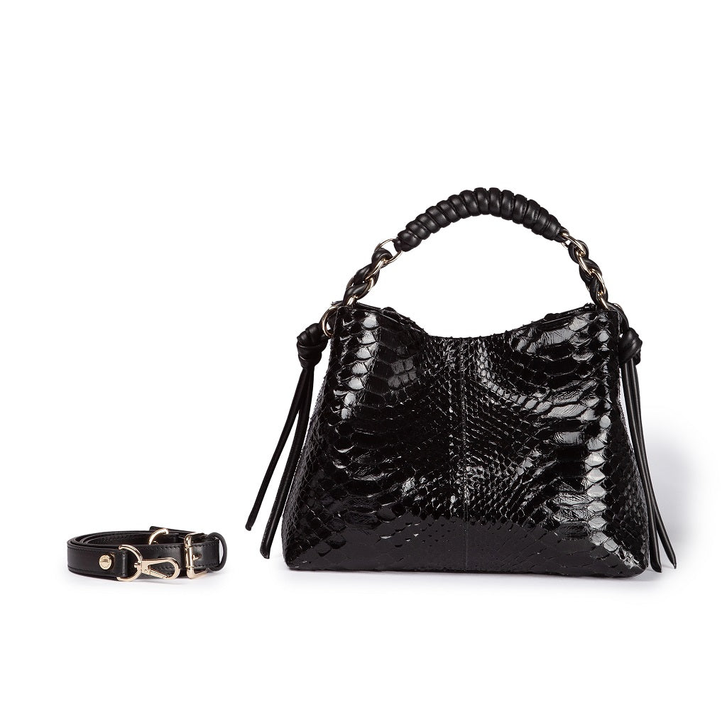 Amina Python small handbag with leather trim wrapped tubular handle and detachable shoulder strap