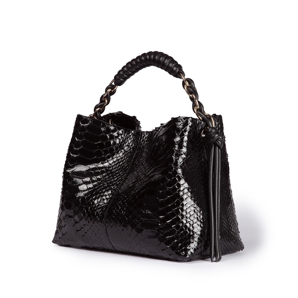 Amina Python small handbag with leather trim wrapped tubular handle and detachable shoulder strap