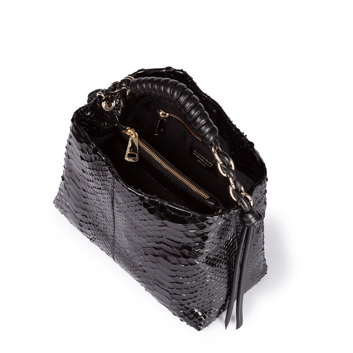 Amina Python small handbag with leather trim wrapped tubular handle and detachable shoulder strap