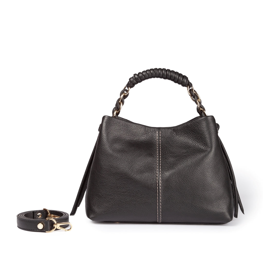 Black leather handbag with braided handle and detachable strap