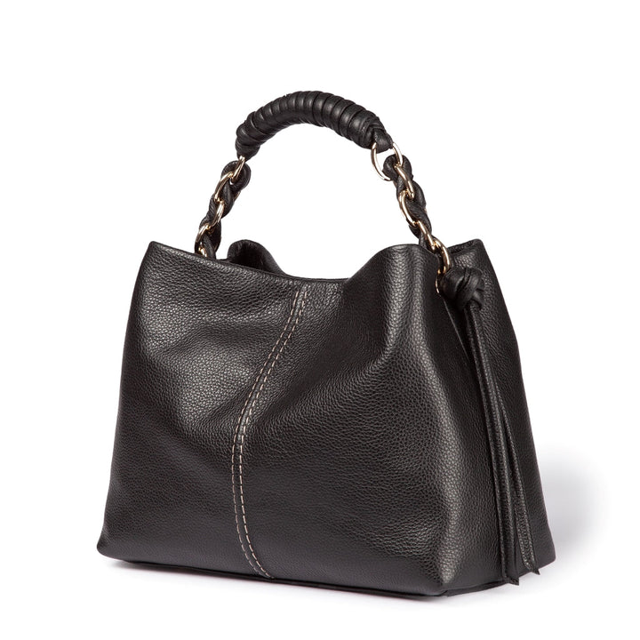 Amina small leather handbag with wrapped tubular handle and detachable shoulder strap