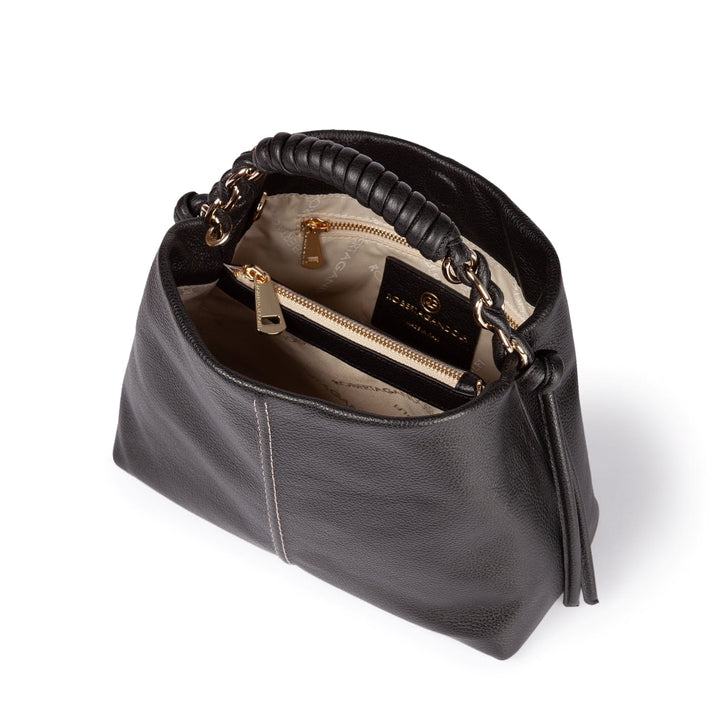 Amina small leather handbag with wrapped tubular handle and detachable shoulder strap