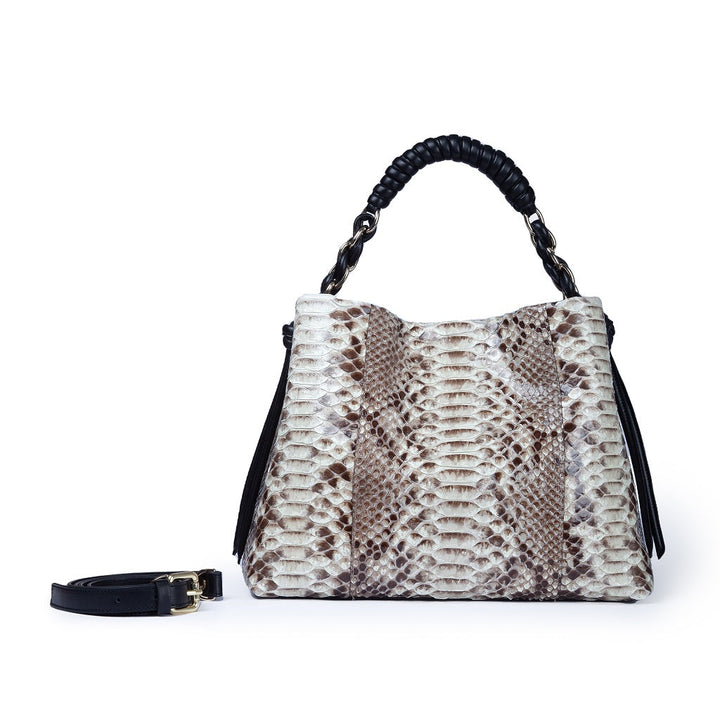 Amina Python large handbag and calfskin trim with wrapped tubular handle and detachable shoulder strap