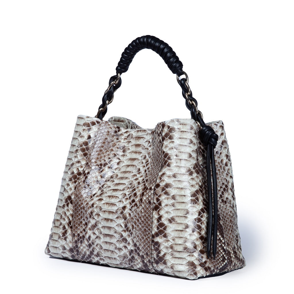 Amina Python large handbag and calfskin trim with wrapped tubular handle and detachable shoulder strap