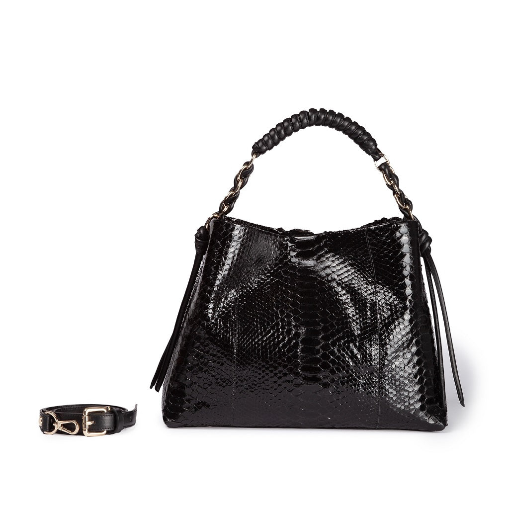 Amina Python large handbag and calfskin trim with wrapped tubular handle and detachable shoulder strap