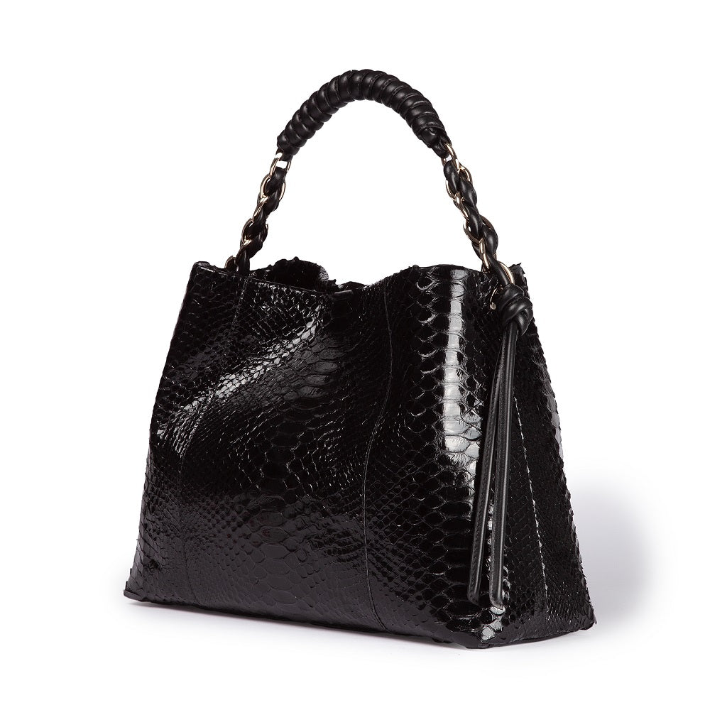 Amina Python large handbag and calfskin trim with wrapped tubular handle and detachable shoulder strap