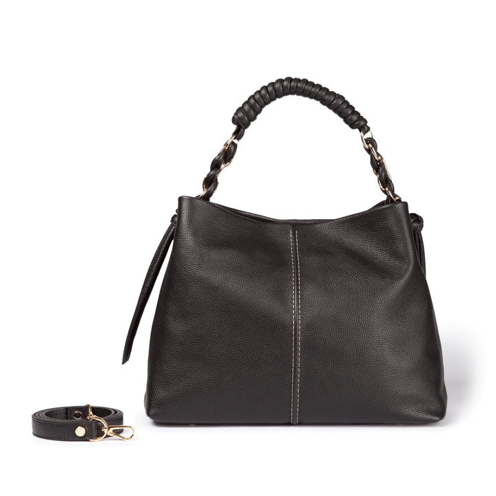 Black leather handbag with braided handle and detachable strap