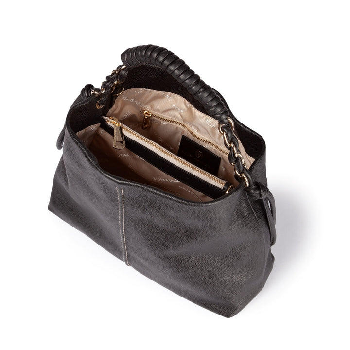 Amina large leather handbag with wrapped tubular handle and detachable shoulder strap