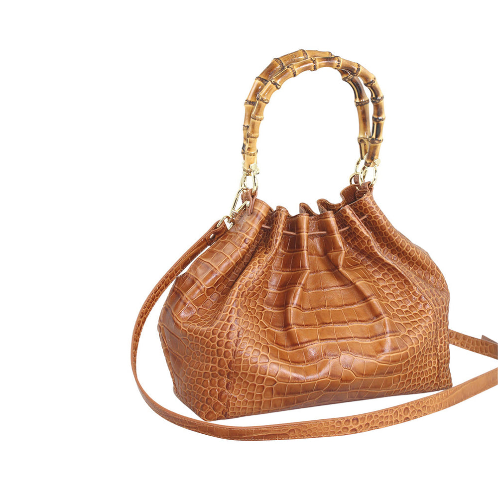 Brown crocodile-pattern leather handbag with bamboo handle and shoulder strap