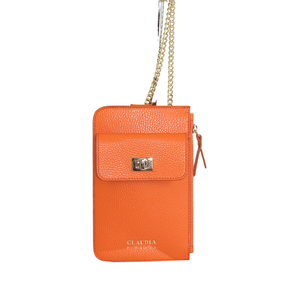 Orange leather crossbody phone wallet with gold chain strap and clasp