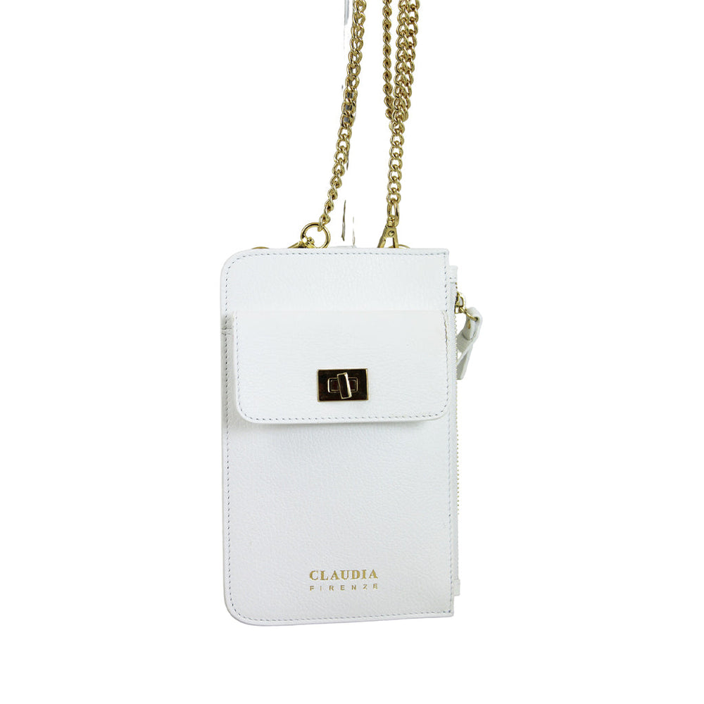 White leather crossbody phone bag with gold chain strap and Claudia Firenze logo