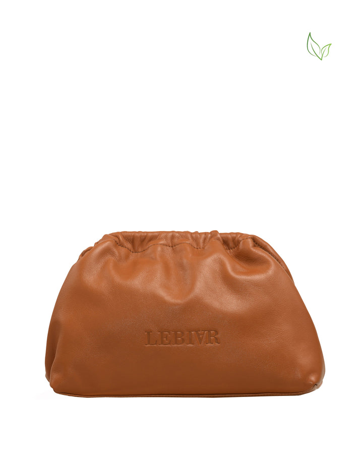 Brown leather clutch purse with gathered top and embossed LEBIVR logo
