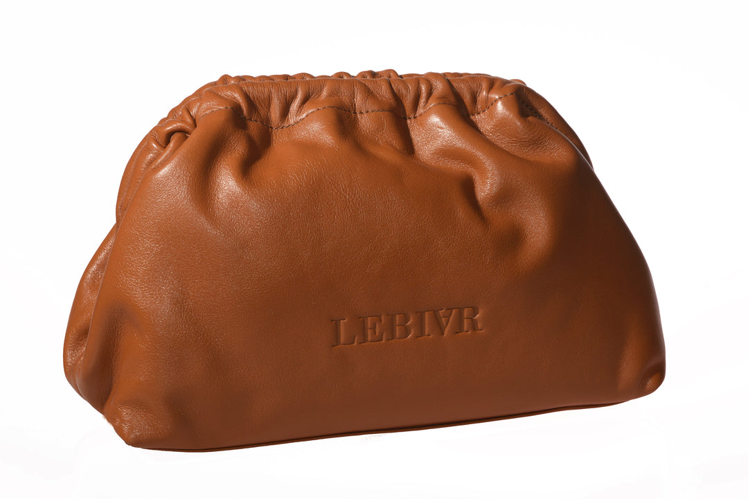Brown leather designer clutch bag with brand logo LEBIVR