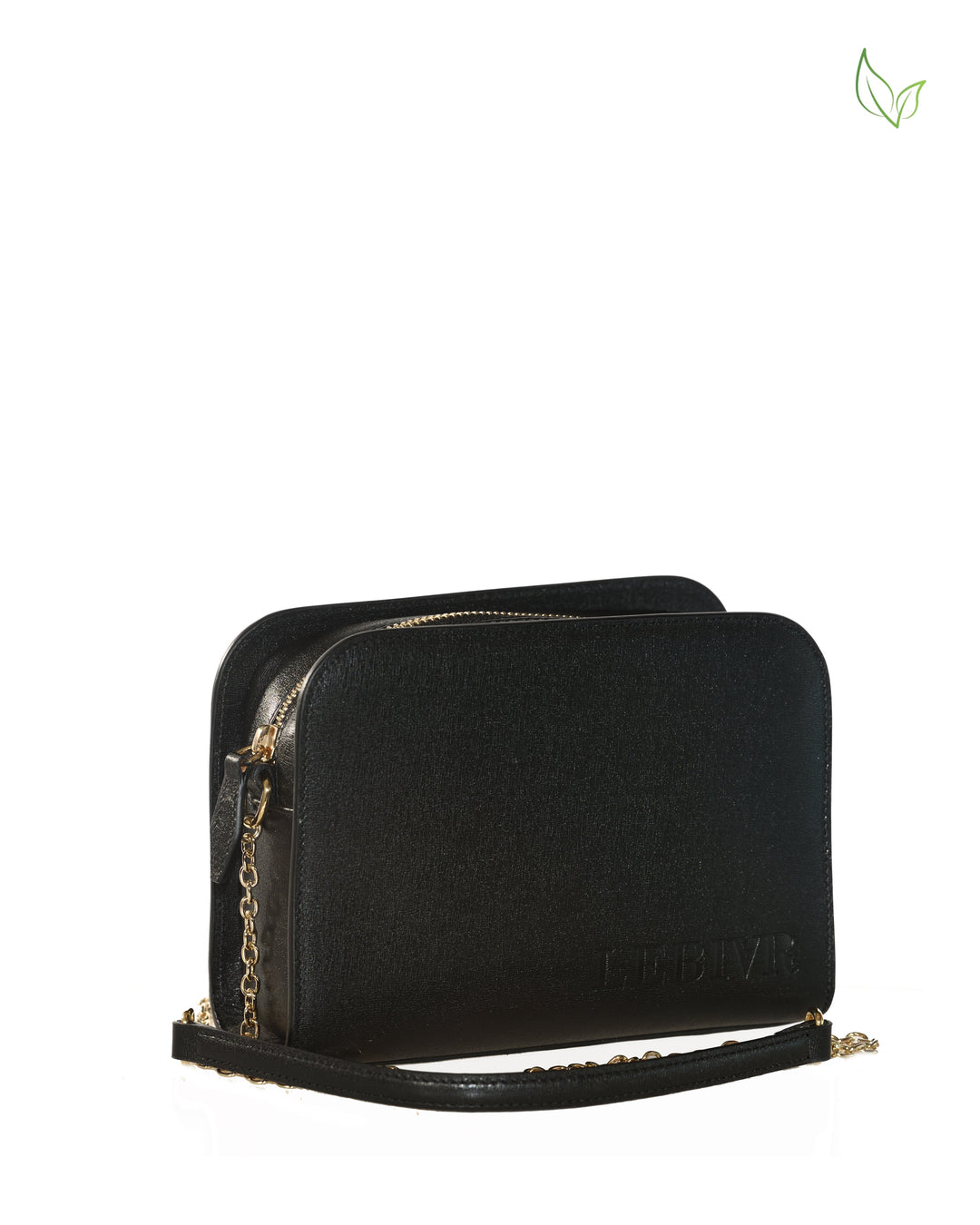 Elegant black leather handbag with gold chain strap