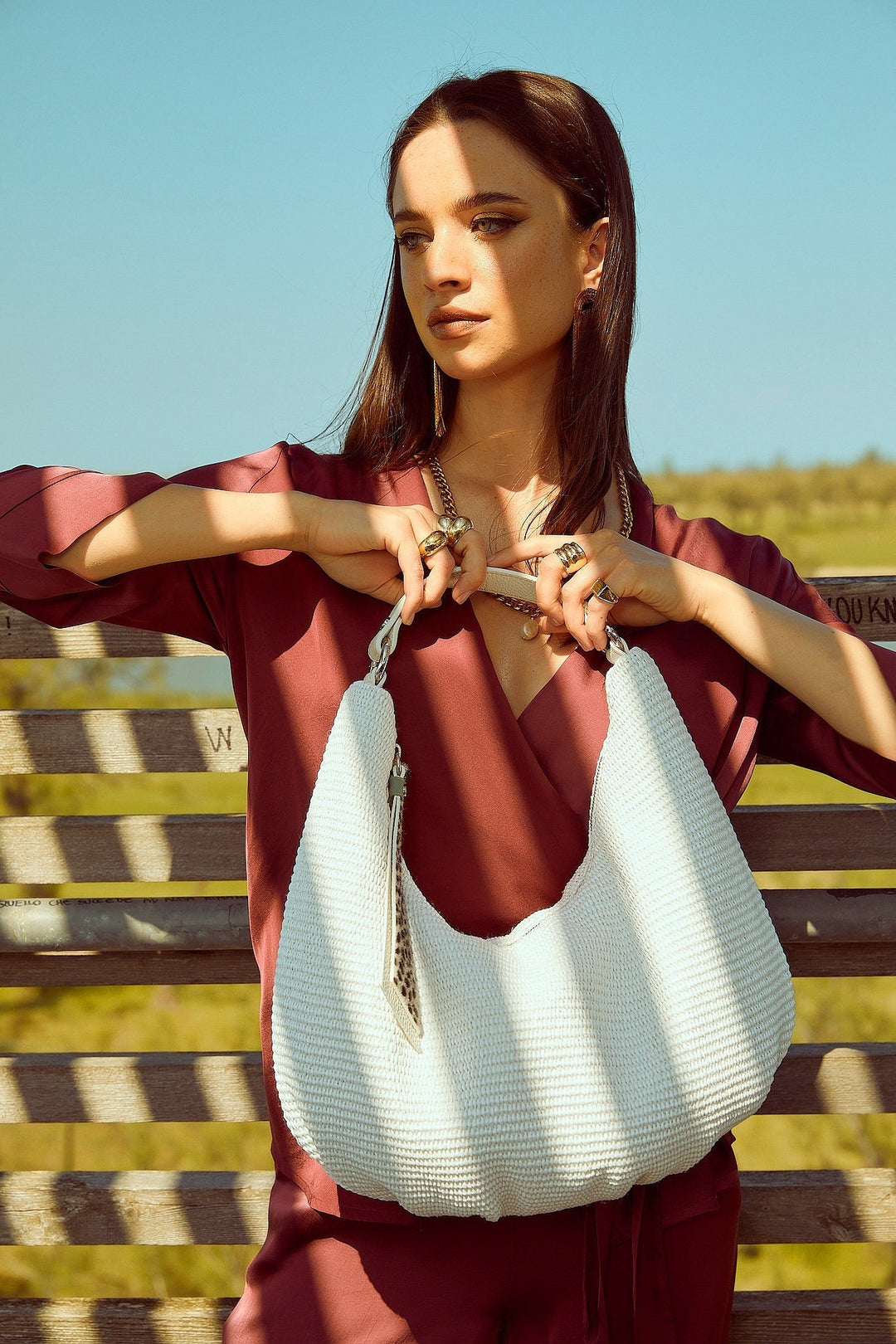 Beatrice Hobo medium in raffia and leather trim with animal detail and detachable shoulder strap