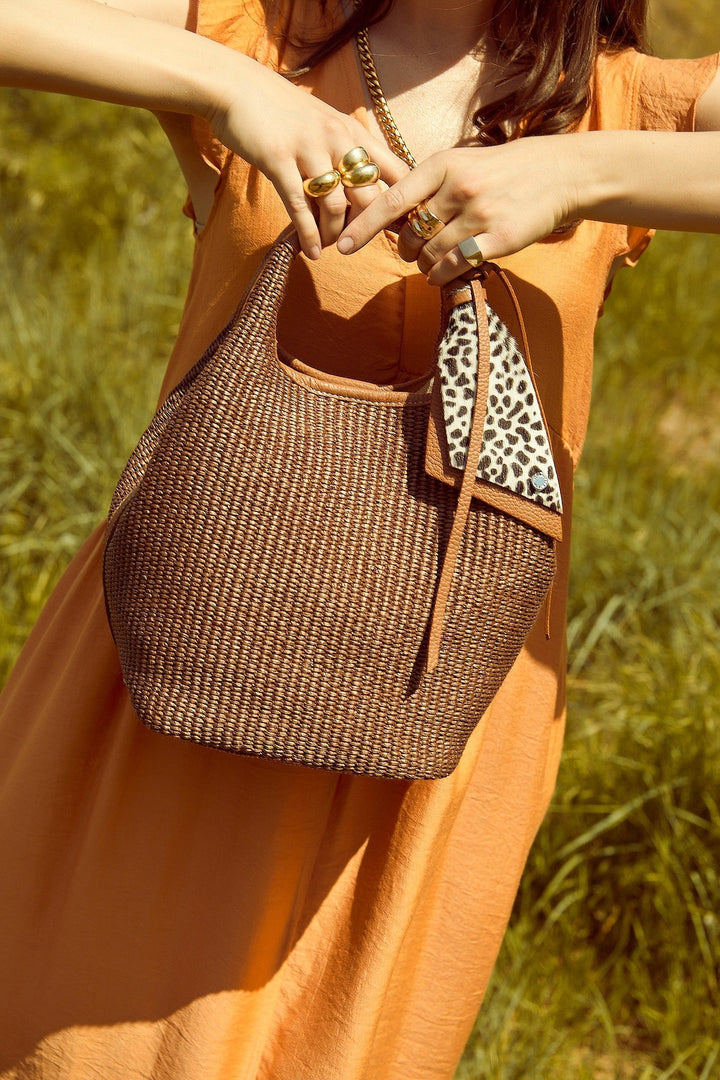 Beatrice Handbag in raffia leather trim with animal detail and detachable shoulder strap