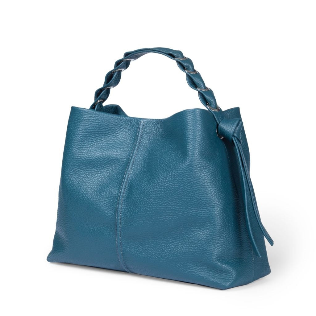 Blue leather handbag with braided handles