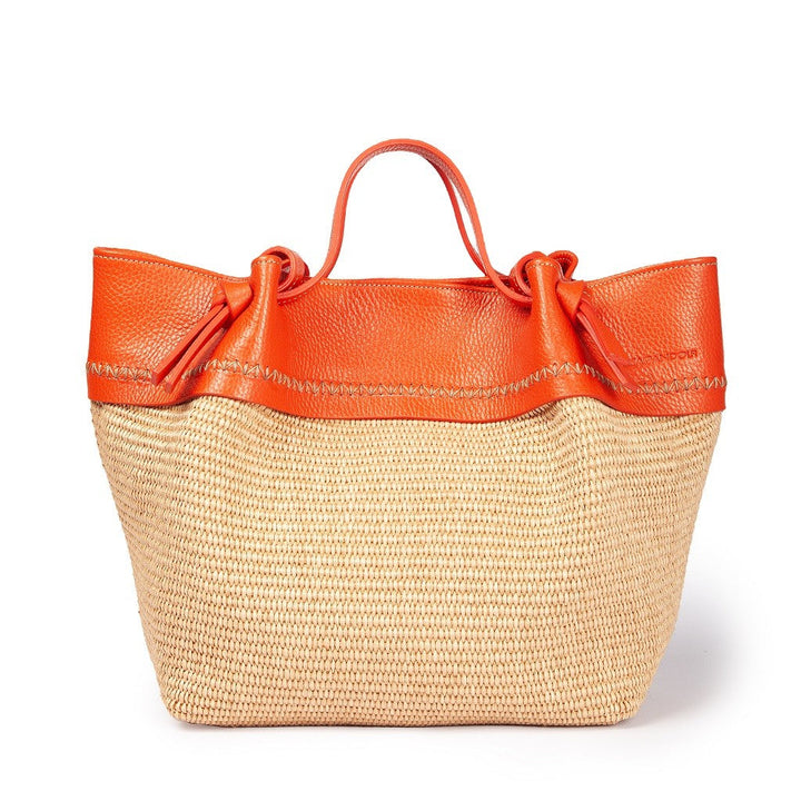 Amber large raffia and grained leather handbag or shopping bag