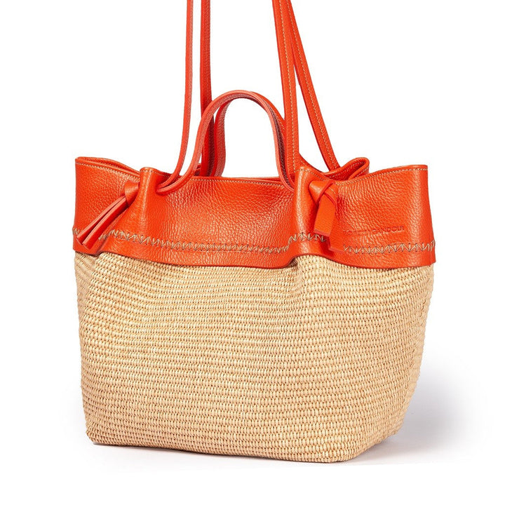 Amber large raffia and grained leather handbag or shopping bag