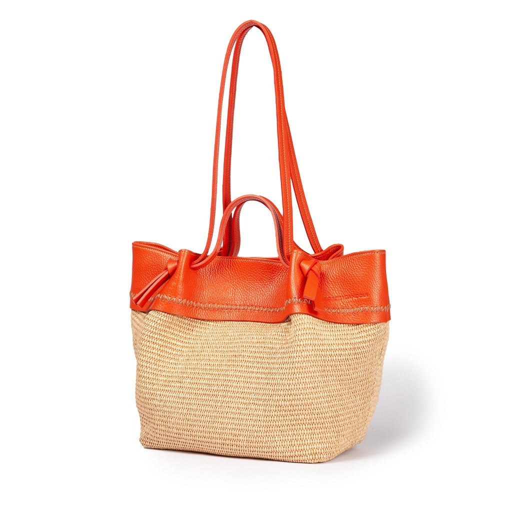 Amber large raffia and grained leather handbag or shopping bag