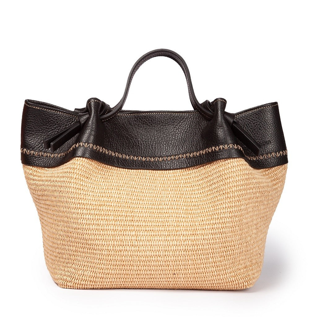 Amber large raffia and grained leather handbag or shopping bag