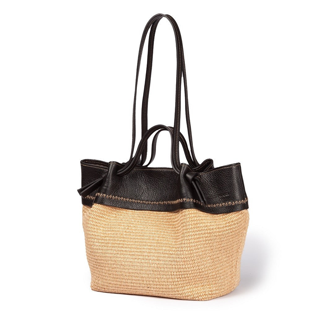 Amber large raffia and grained leather handbag or shopping bag