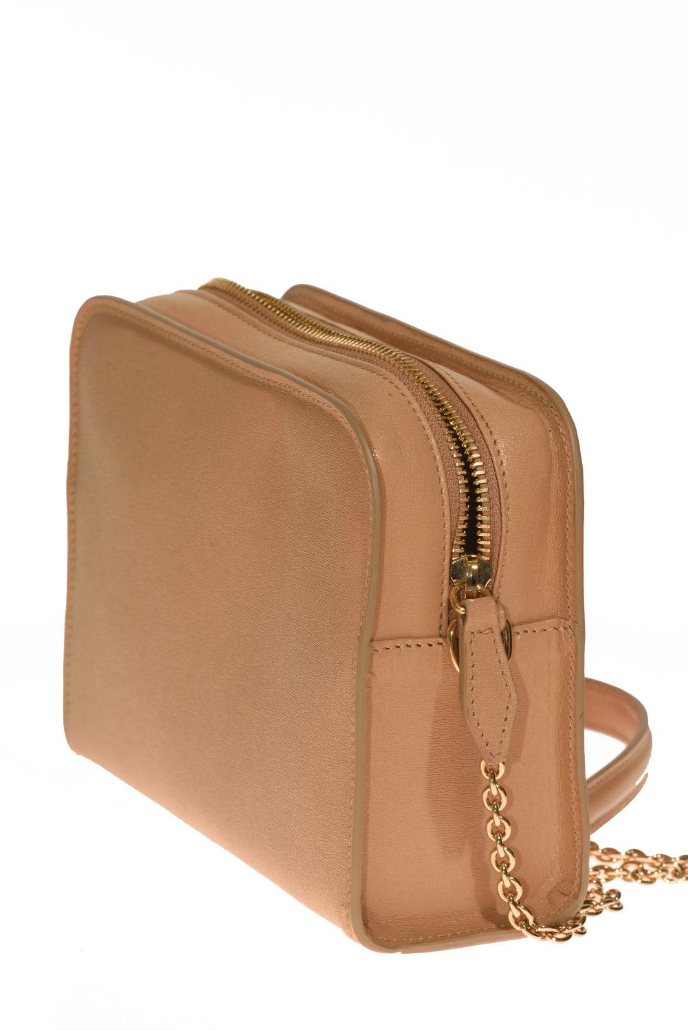 Beige leather crossbody bag with gold chain strap and zipper closure