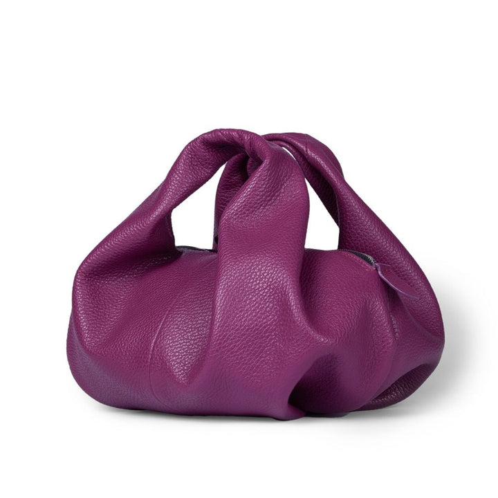 Purple leather handbag with a drawstring design