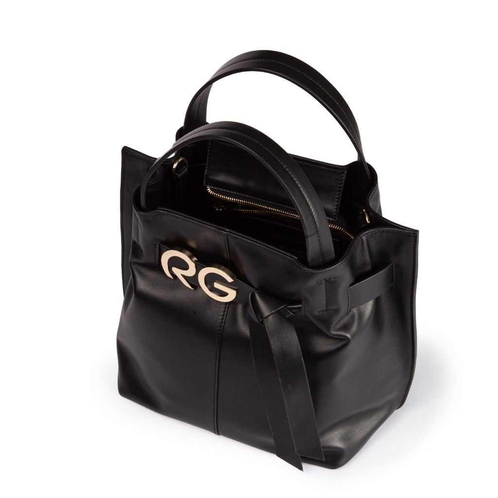 Black leather handbag with RG initials and zippered inner pocket