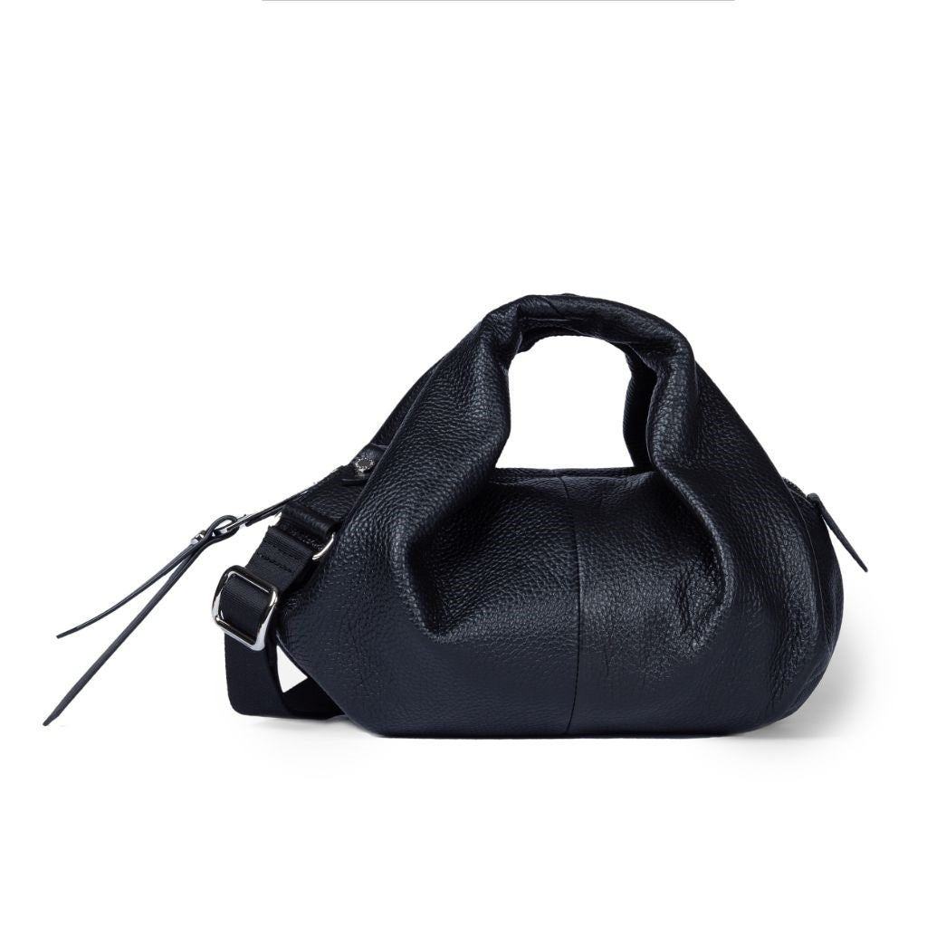 black leather handbag with adjustable strap and minimalist design