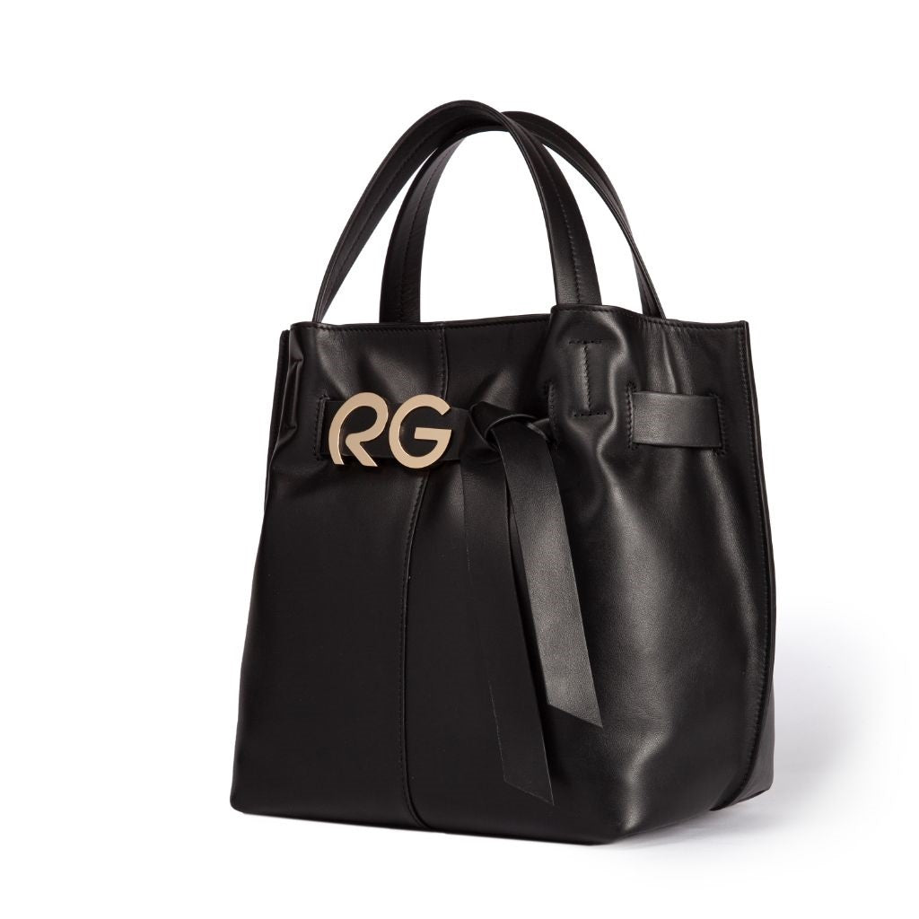 Black leather handbag with gold RG logo and ribbon bow