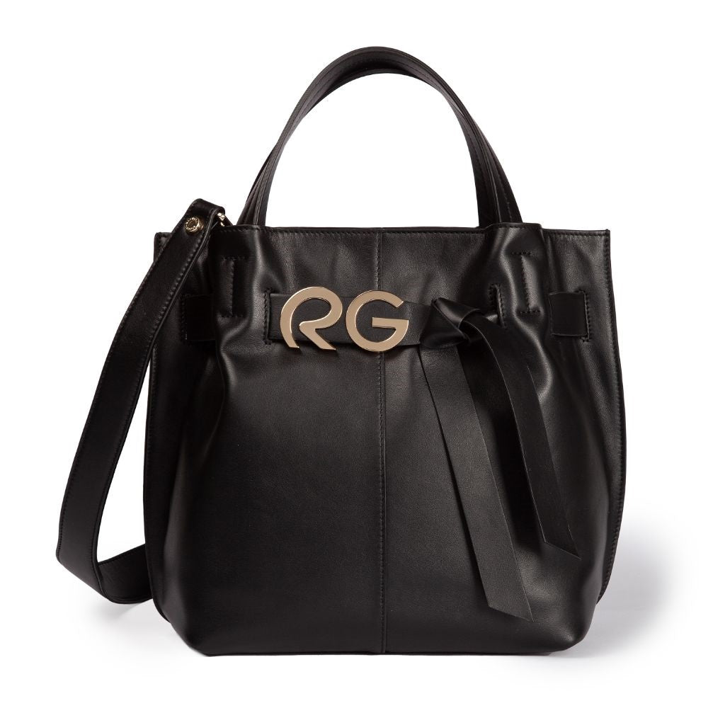 Black leather handbag with gold RG logo and bow detail