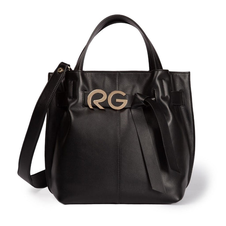 Black leather handbag with gold RG logo and bow detail