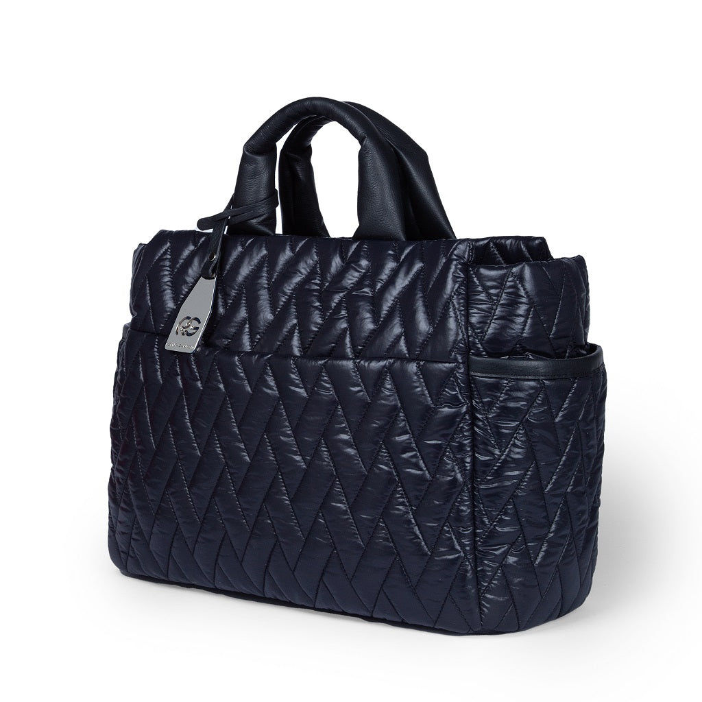 Quilted black nylon handbag with short handles