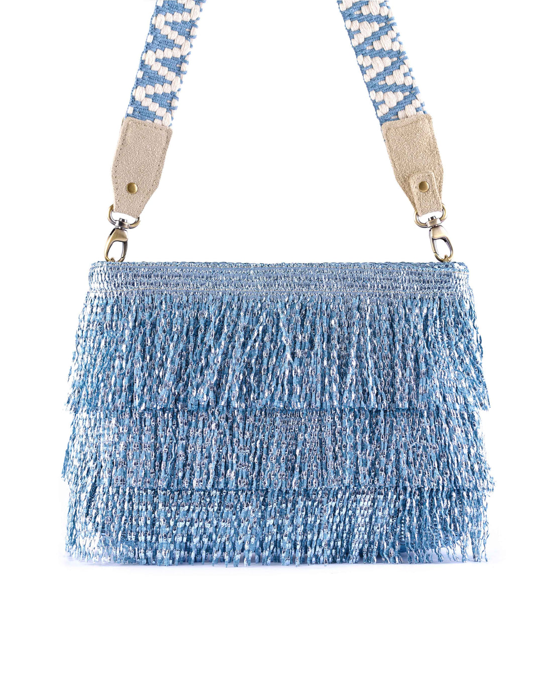 Blue fringed handbag with white and blue patterned strap