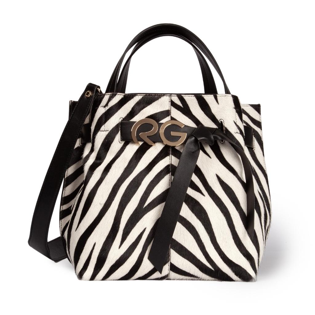 Zebra print handbag with black handles and RG logo