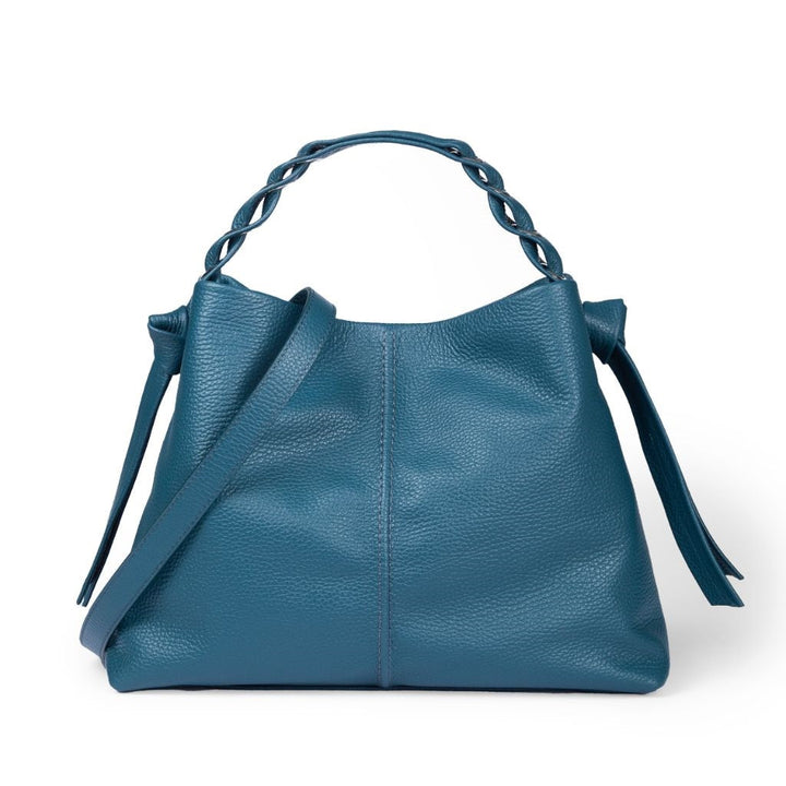 Blue leather handbag with braided handles and shoulder strap