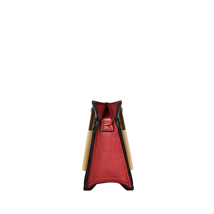 Side view of a stylish red and beige designer handbag with gold accents