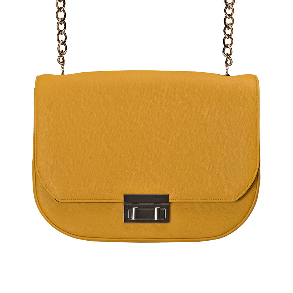 Yellow leather shoulder bag with chain strap and metal clasp