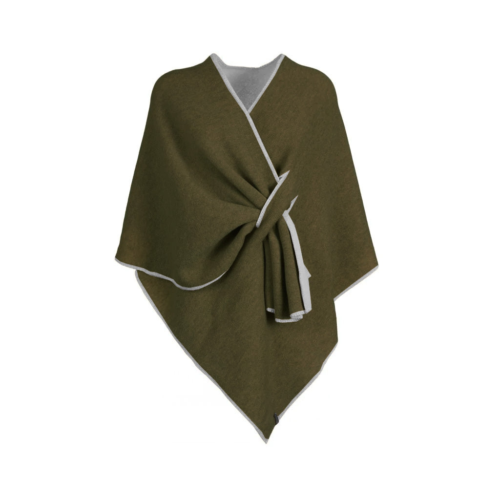 Olive green wool wrap shawl with gray trim