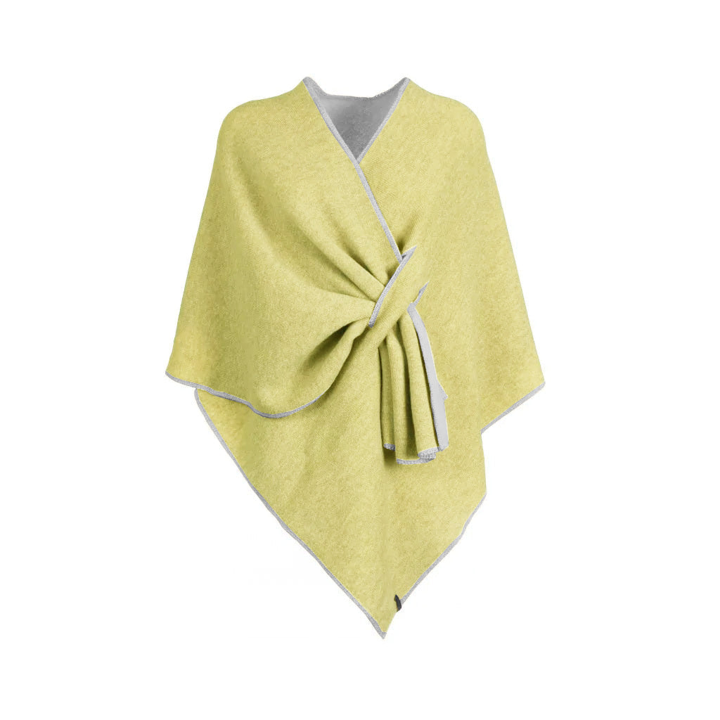 Lime green wool poncho with front tie and gray trim