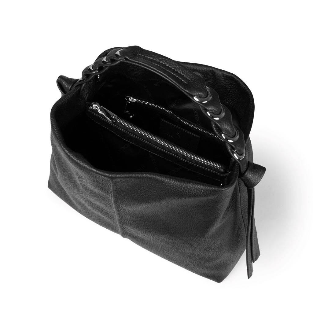 Top view of an open black leather handbag with zipper compartments