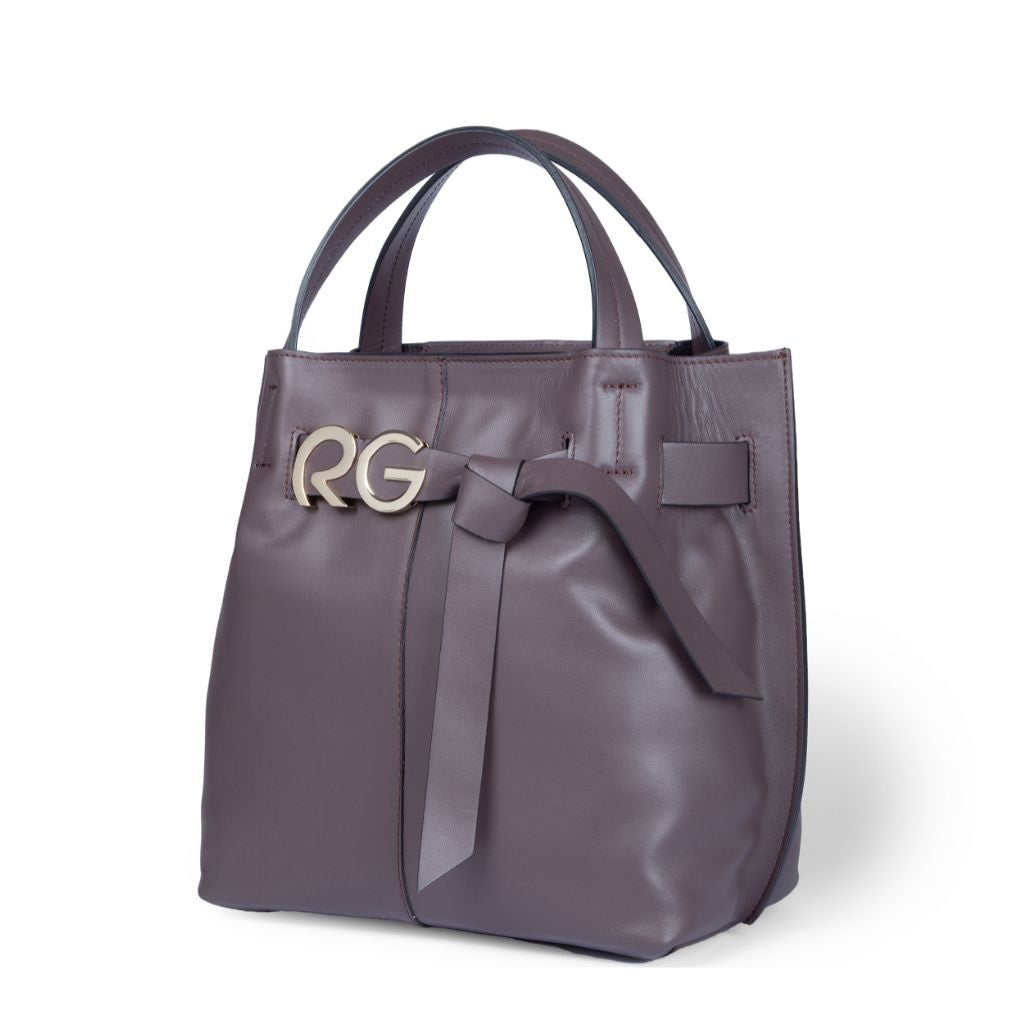 Elegant brown leather handbag with decorative bow and RG logo